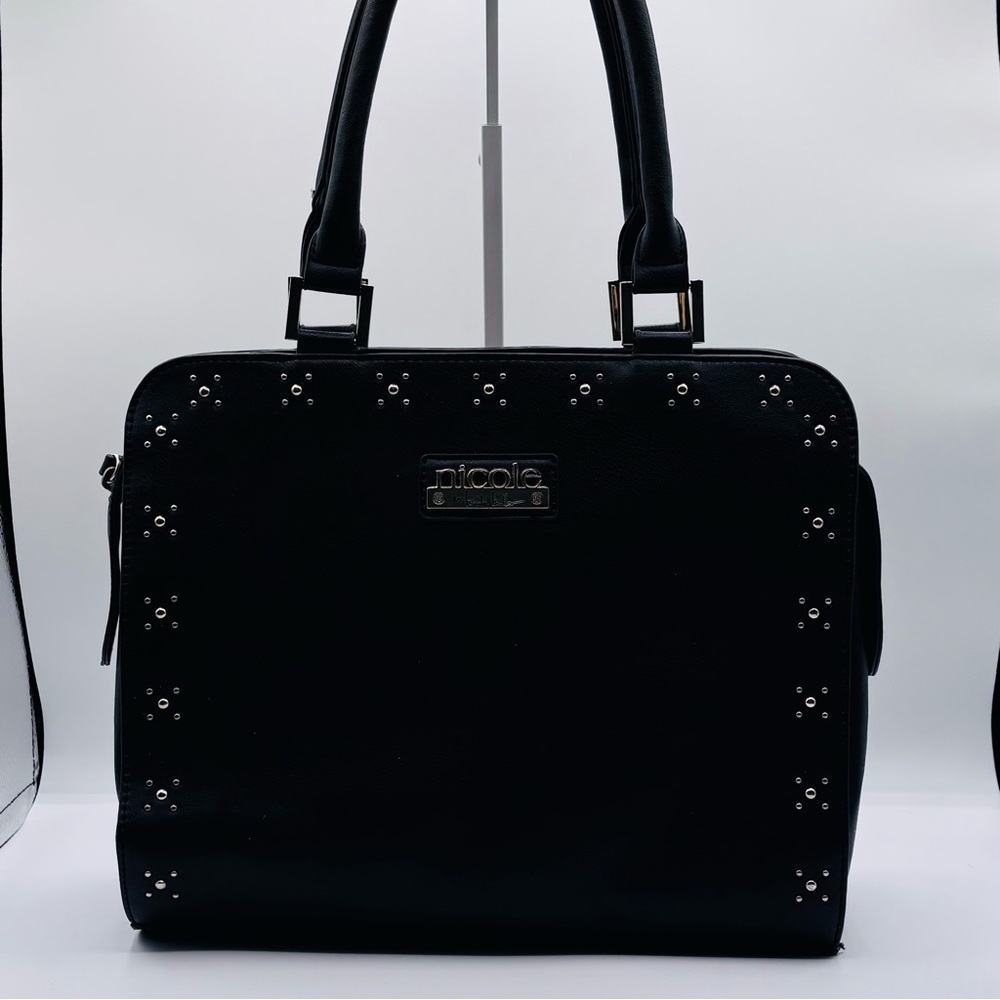 Nicole by Nicole Miller Black Studded Satchel Double Handles Gold embellishment